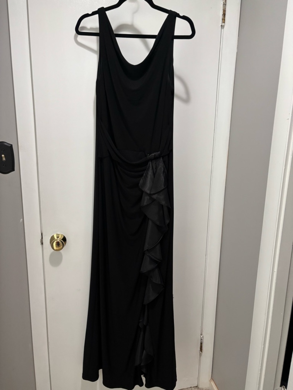 Betsy & Adam Black Sleeveless Cowl Neck Maxi with Cascade Ruffle Size 12
